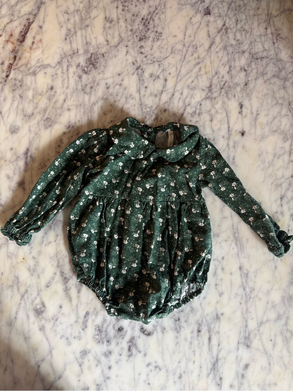 Rylee + Cru Forest Green Floral Long-Sleeve Romper with Peter Pan Collar